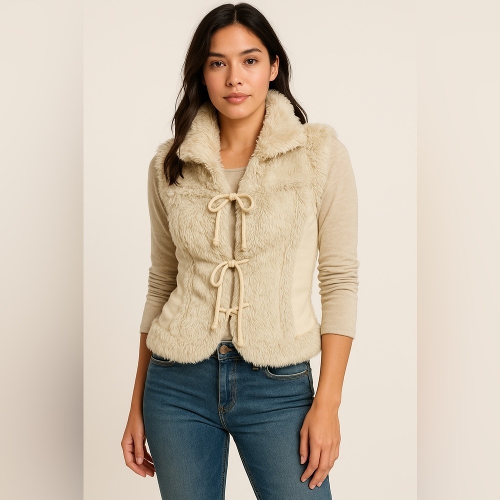 Twisted Heart Faux Fur Lace-Up Vest – Ivory / Cream – Size Small
